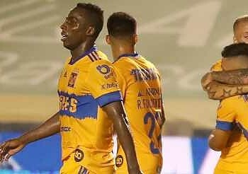 Celebración de futbolistas en el campo con uniforme amarillo y azul, expresando alegría y emoción.