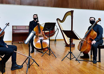 Músicos tocando con instrumentos de cuerda en concierto en sala de ensayo.