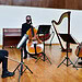 Músicos tocando con instrumentos de cuerda en concierto en sala de ensayo.