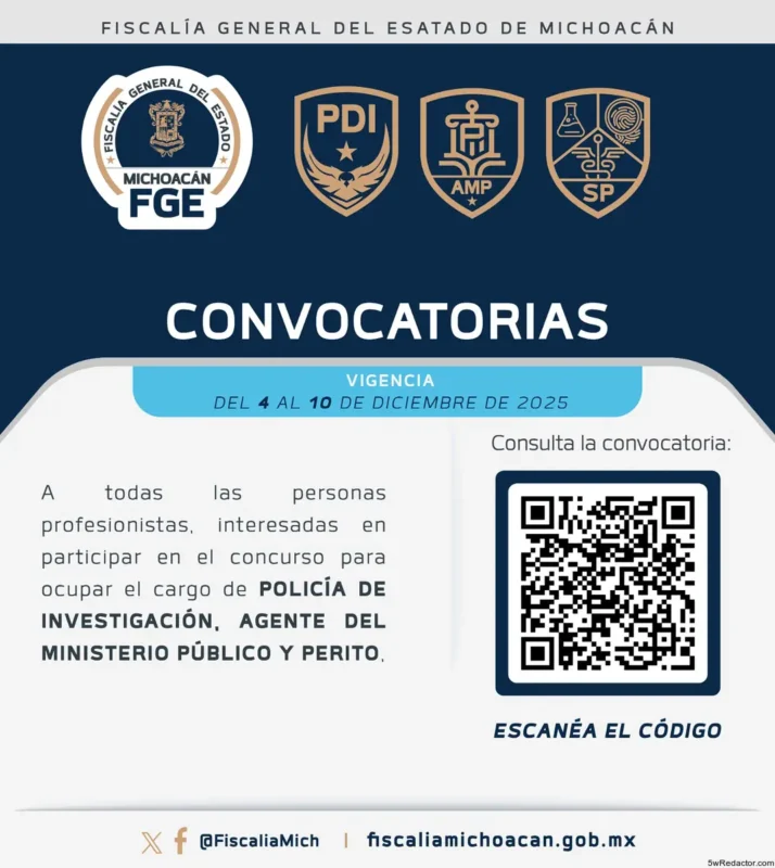 Policía de investigación en Michoacán convocatoria 2025, consulta vía QR para obtener detalles.