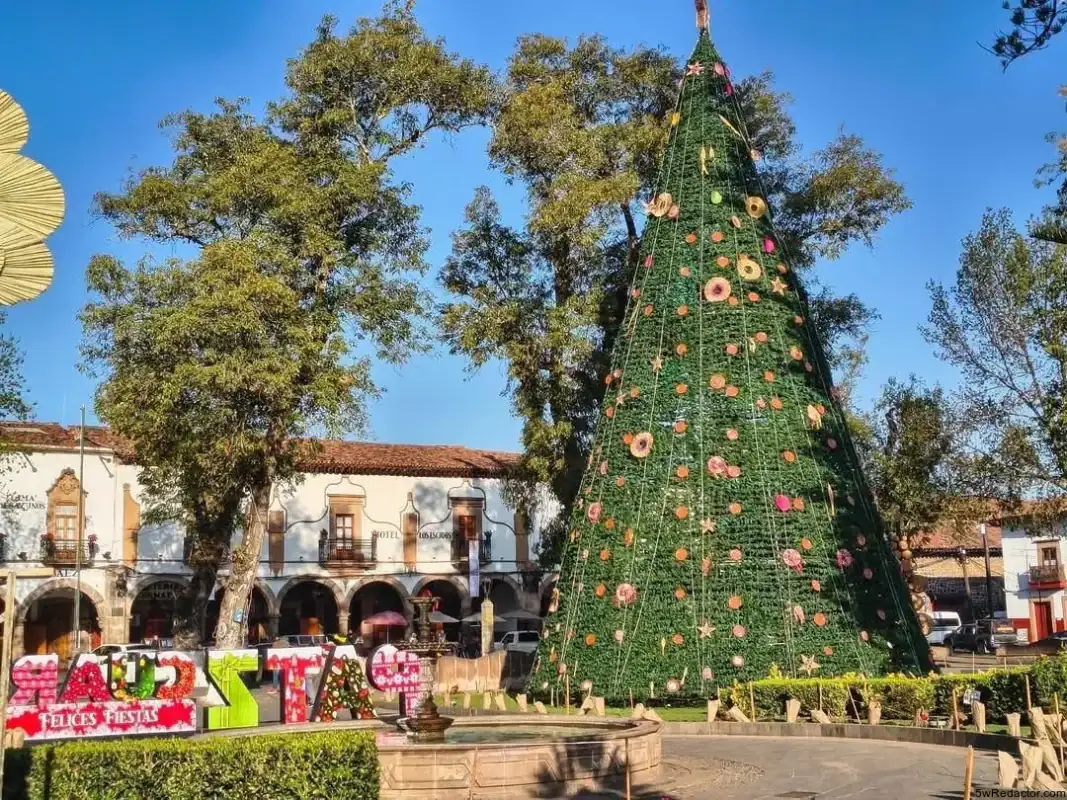 Árbol de Navidad decorado en un parque central, con edificios históricos y cielo azul de fondo.