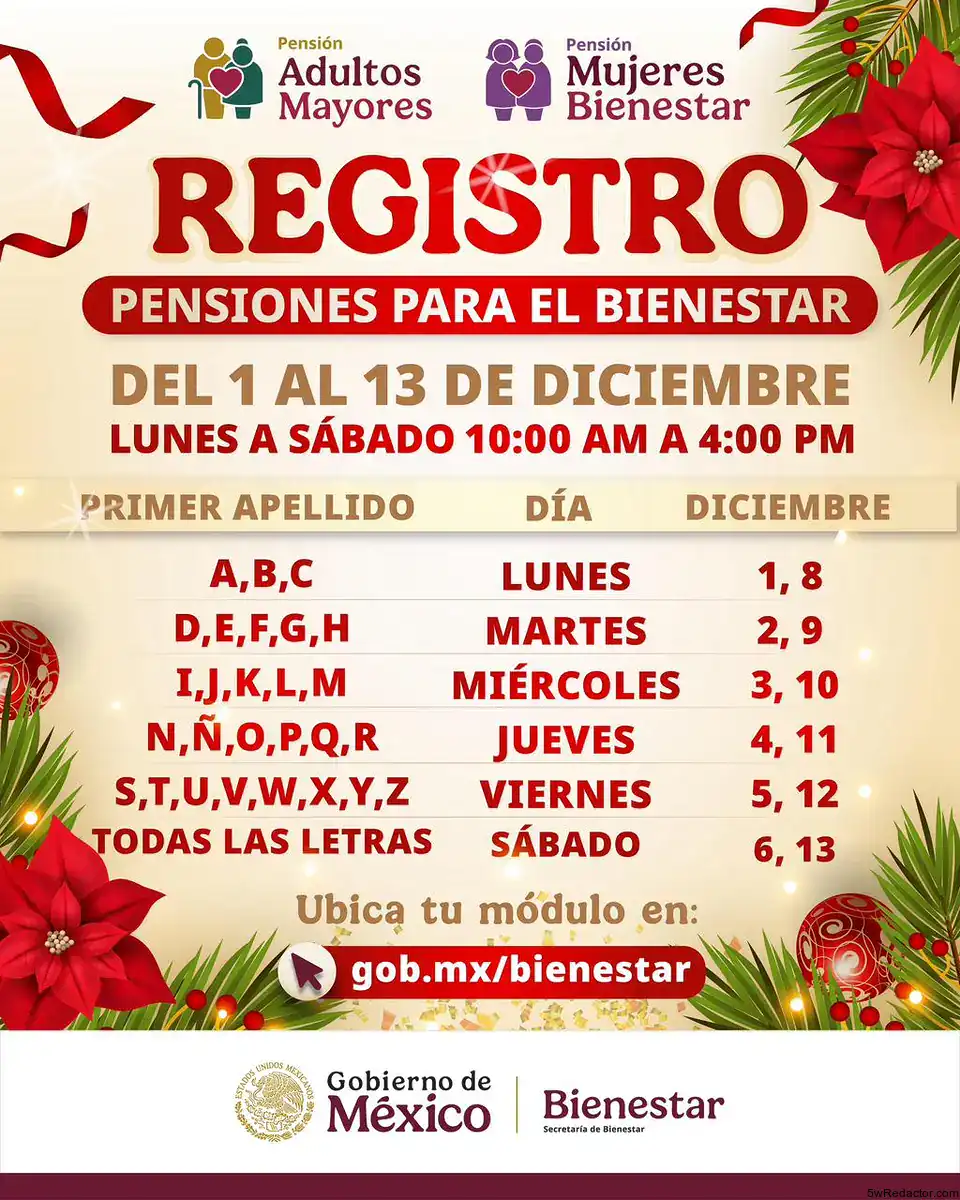 Registro Pensión Bienestar diciembre 2025 del 1 al 13.