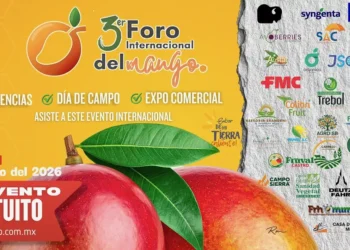 Árbol de mango con logotipos de patrocinadores de fondo, promoviendo el 3er Foro Internacional del Mango en México.