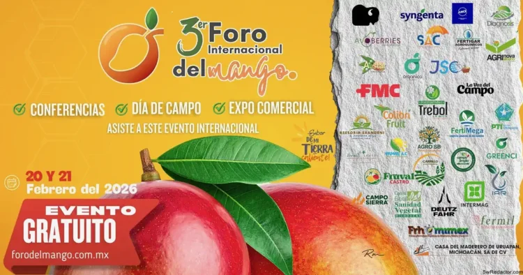Árbol de mango con logotipos de patrocinadores de fondo, promoviendo el 3er Foro Internacional del Mango en México.