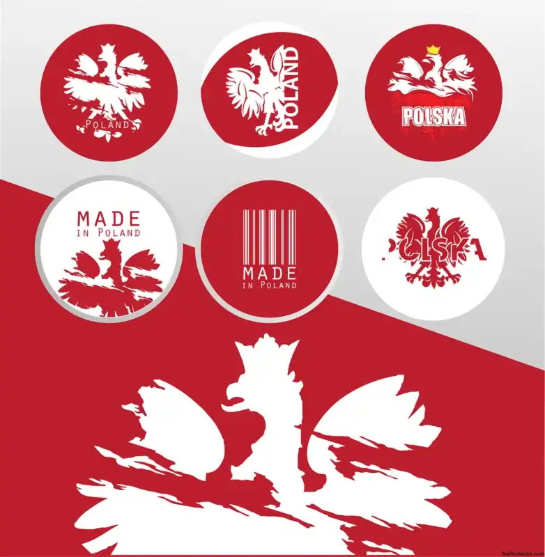 Polonia, logo bandera y escudo nacional en diseño moderno y estilo distintivo.