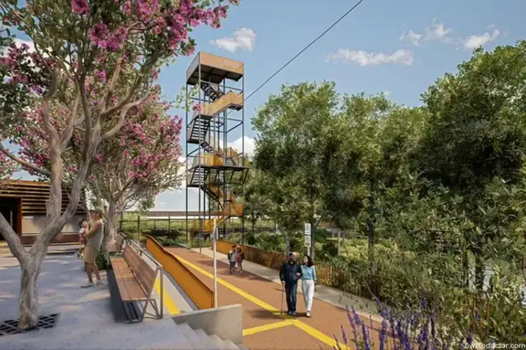 Escalera de cuerda con zona de paseo y árboles verdes, en parque o atracción outdoor.