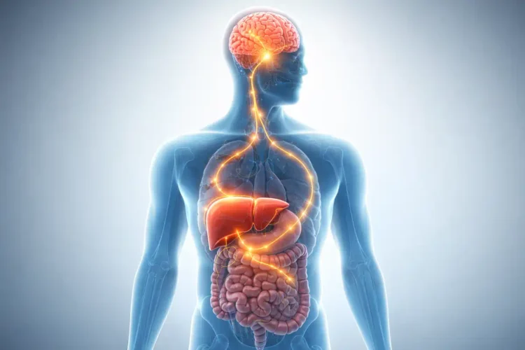 Sistema digestivo y cerebro humano en ilustración médica digital.