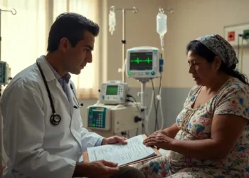 Paciente en consulta médica con doctor en un hospital, revisando un expediente.