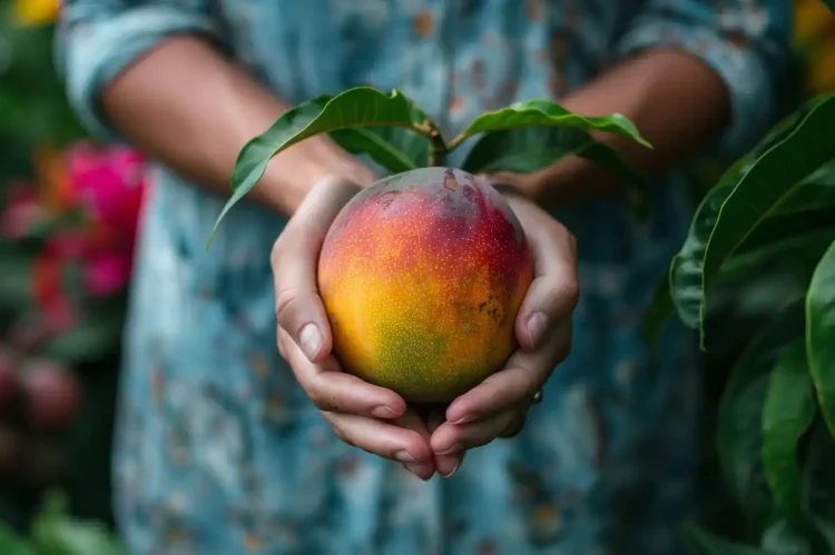 Mano sosteniendo un mango maduro en un huerto de frutas tropicales.