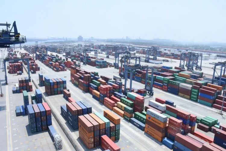 Contenedores en puerto de exportación, movimiento acelerado en la terminal marítima.