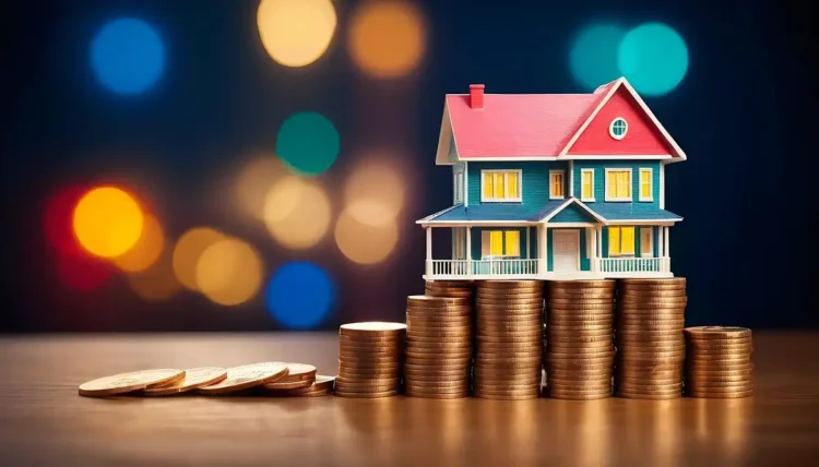 Casa en miniatura sobre monedas, simbolizando el costo de pagar la renta.