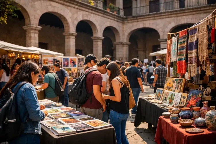 Arte y artesanías en mercado al aire libre en un patio histórico.