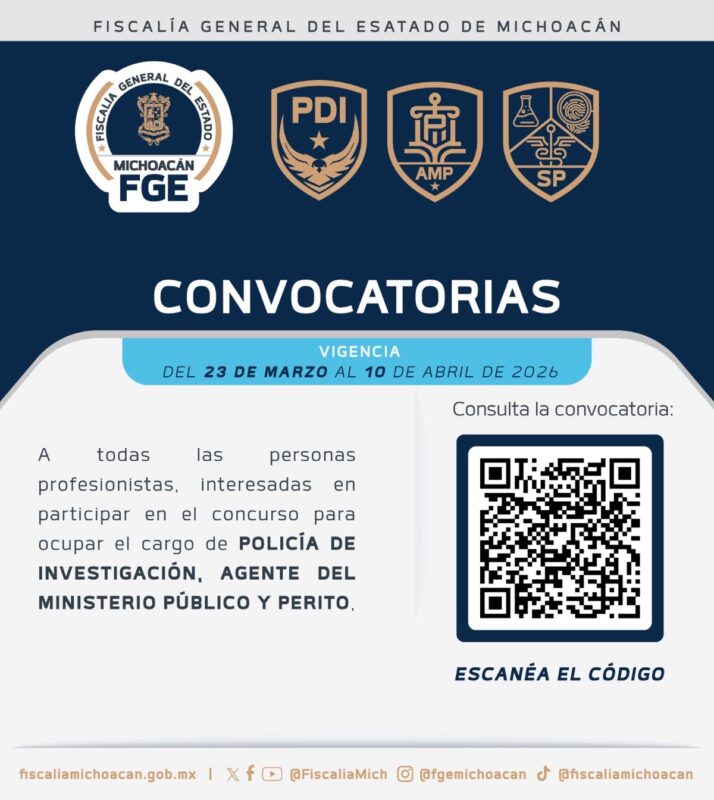 Amplía la Fiscalía de Michoacán las oportunidades laborales con 94 nuevas plazas abiertas.