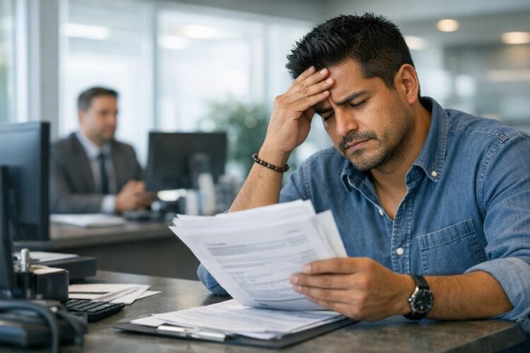 Hombre frustrado en banco por rechazo de crédito