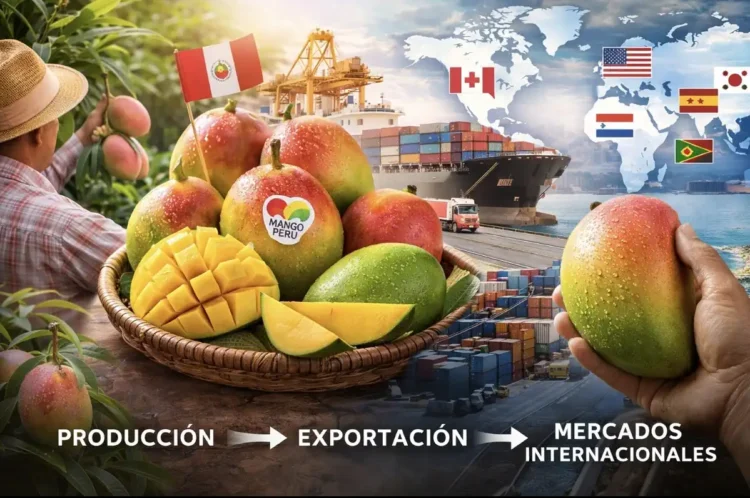 Fruta de mango peruano en un mercado internacional, con un barco de carga y mapas mundiales en el fondo, simbolizando la expa.