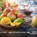 Fruta de mango peruano en un mercado internacional, con un barco de carga y mapas mundiales en el fondo, simbolizando la expa.