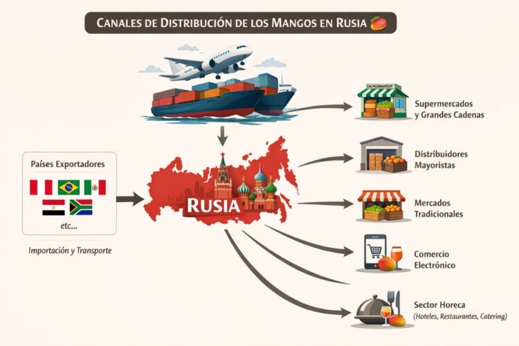Canales de distribución de mangos en Rusia, incluyendo supermercados, mayoristas y comercio electrónico.