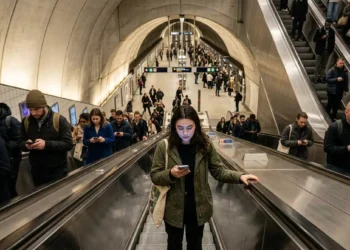 Amplia afluencia de pasajeros en estación de metro con personas usando teléfonos y subiendo escaleras mecánicas.