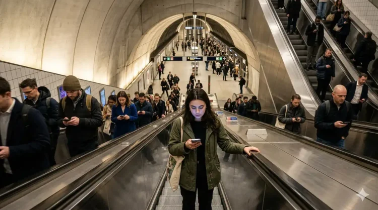 Amplia afluencia de pasajeros en estación de metro con personas usando teléfonos y subiendo escaleras mecánicas.