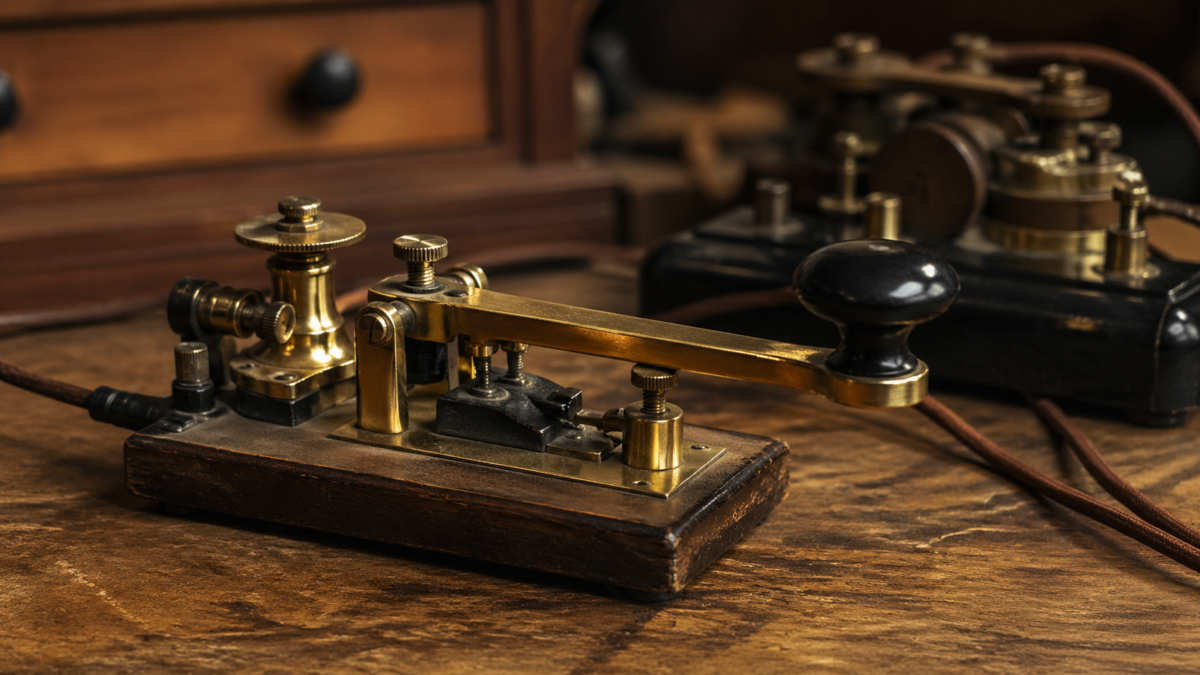 Dispositivo telefónico antiguo con componentes de bronce y madera.