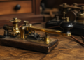 Dispositivo telefónico antiguo con componentes de bronce y madera.
