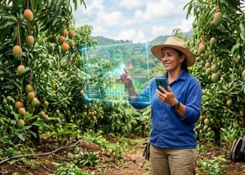 Mujer en huerto de mango usando tecnología de inteligencia artificial y dispositivo móvil.