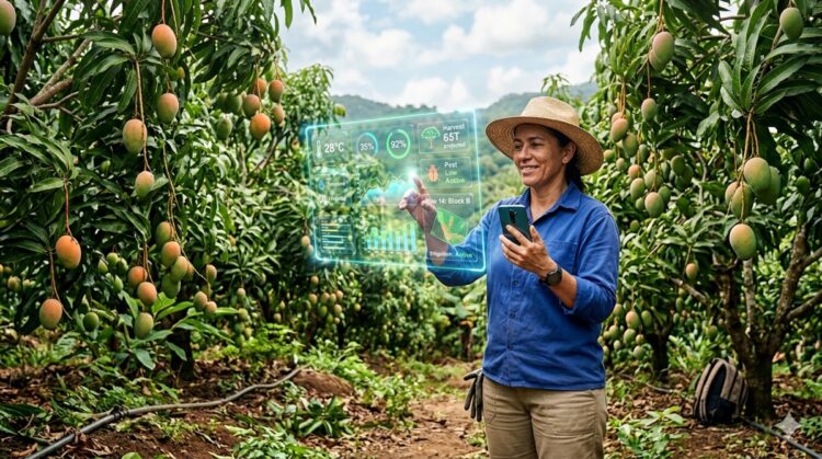 Mujer en huerto de mango usando tecnología de inteligencia artificial y dispositivo móvil.