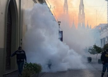 Fumigación en Zamora para prevenir el dengue en templos, con presencia de humo y personal de control de plagas en una calle h.
