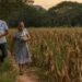 Campesinos caminando por un campo de maíz en Michoacán durante el atardecer.