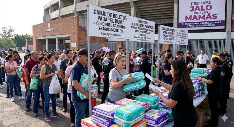 Reparto de pañales en evento cultural en Morelia.