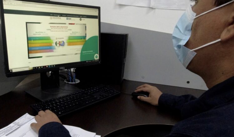 Persona usando computadora con pantalla de plataforma digital de certificación cárnica en oficina.