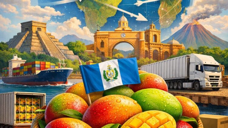 Mango guatemalteco, con bandera, rodeado de frutas, en un fondo de paisajes y transporte internacional.