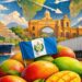 Mango guatemalteco, con bandera, rodeado de frutas, en un fondo de paisajes y transporte internacional.