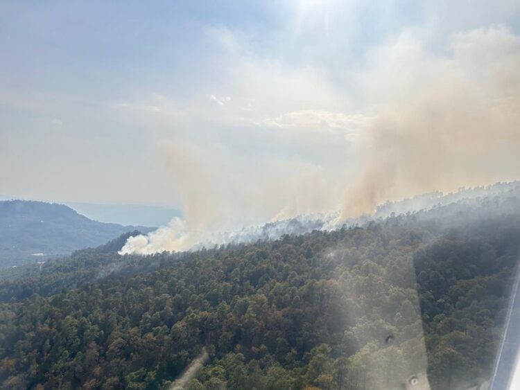 Incendio en Salvador Escalante, combate con helicóptero y brigadas contra las llamas en áreas forestales.