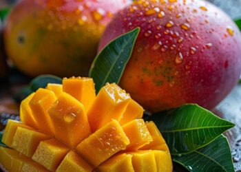 Mangos maduros con gotas de agua y hojas verdes, listos para disfrutar.