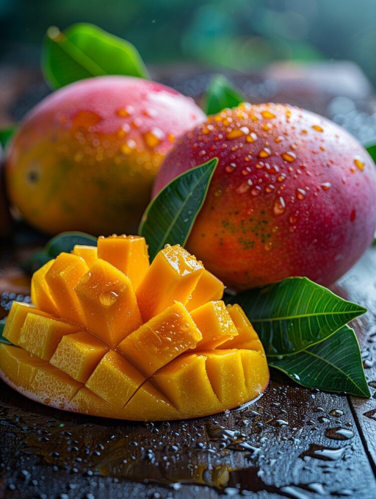 Mangos maduros con gotas de agua y hojas verdes, listos para disfrutar.