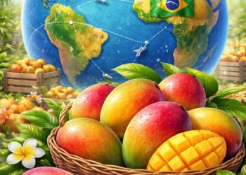 Mangos brasileños en un mundo con conexiones de exportación, con un globo terráqueo y la bandera de Brasil en el fondo, rodea.