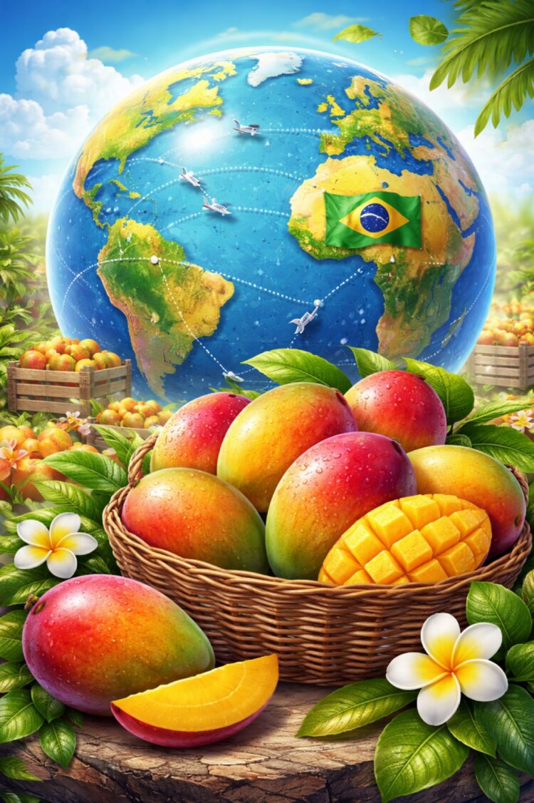 Mangos brasileños en un mundo con conexiones de exportación, con un globo terráqueo y la bandera de Brasil en el fondo, rodea.