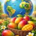 Mangos brasileños en un mundo con conexiones de exportación, con un globo terráqueo y la bandera de Brasil en el fondo, rodea.
