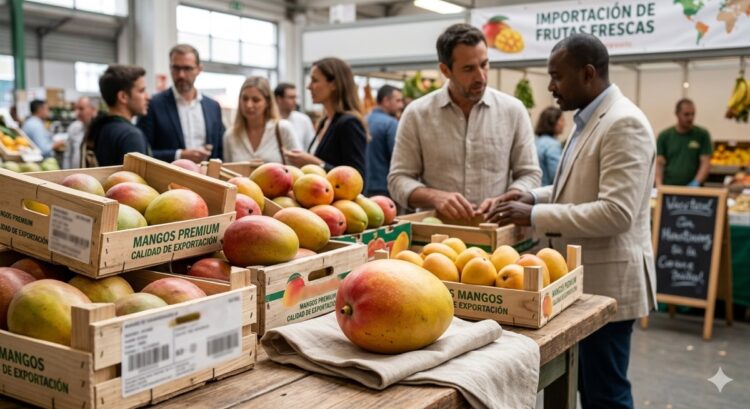 Amplia variedad de mangos frescos en exhibición en un mercado agrícola.