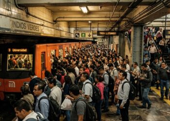 Multitud de pasajeros esperando en la plataforma del metro en una estación concurrida.
