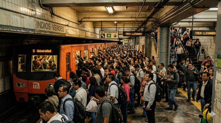 Multitud de pasajeros esperando en la plataforma del metro en una estación concurrida.