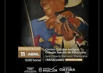 Pintura de un músico purépecha tocando el violín, promocionando la exposición "Xarakuarhu" en Pátzcuaro.