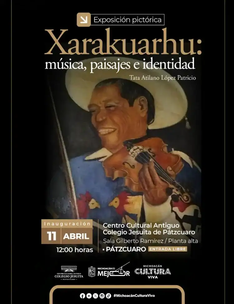 Pintura de un músico purépecha tocando el violín, promocionando la exposición "Xarakuarhu" en Pátzcuaro.