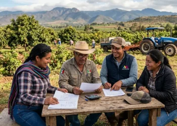 Grupo de agricultores y técnicos discuten en campo agrícola con tractor en fondo.