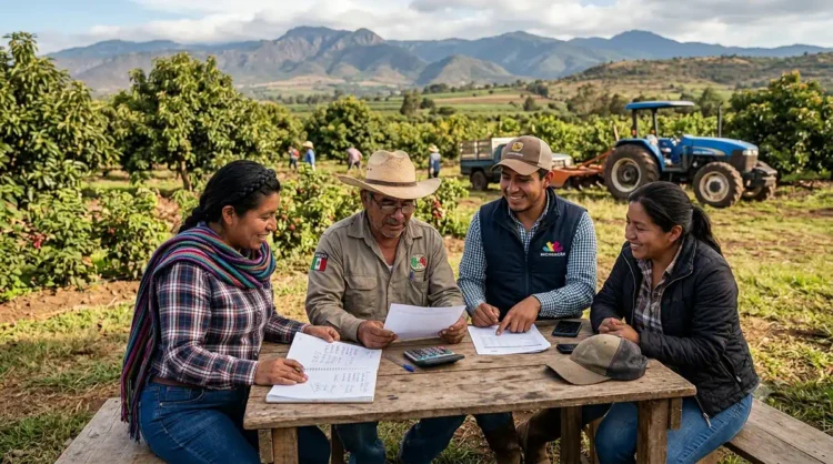 Grupo de agricultores y técnicos discuten en campo agrícola con tractor en fondo.