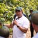 Hombre hablando con grupo de agricultores en un campo de cultivo, usando gorra y camiseta blanca, en un entorno agrícola.