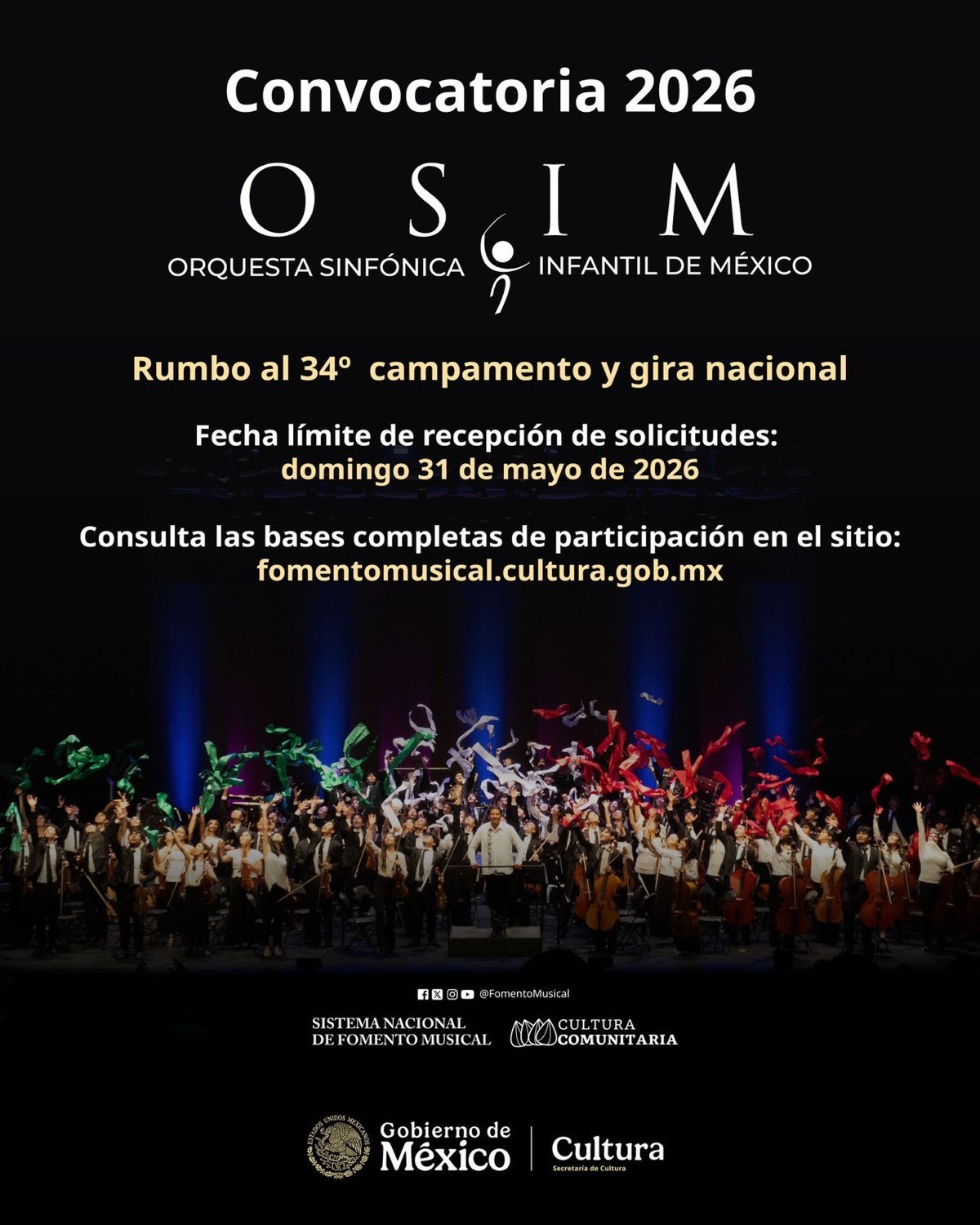 Convocatoria 2026 de la OSIM para el campamento y gira nacional en México, con fecha límite de solicitud el 31 de mayo de 202.