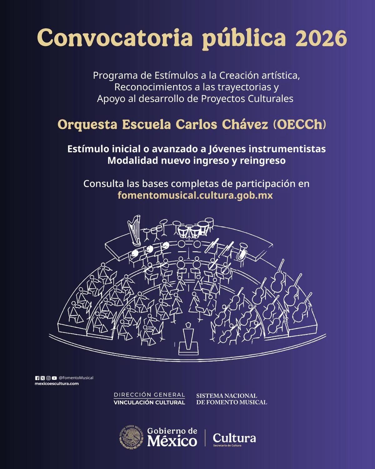 Convocatoria pública 2026 para la Orquesta Escuela Carlos Chávez, estímulos y requisitos en Michoacán y Jalisco.