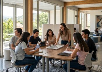 Estudiantes en una reunión en un aula moderna con grandes ventanas y vista a la naturaleza.